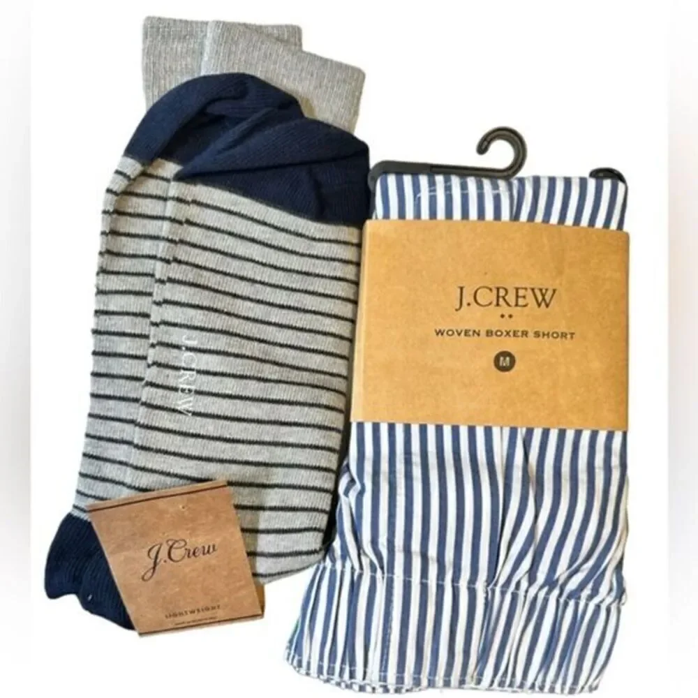 NWT J Crew Men’s Woven Boxer Shorts Blue White Stripe Medium- Dress Socks Stripe